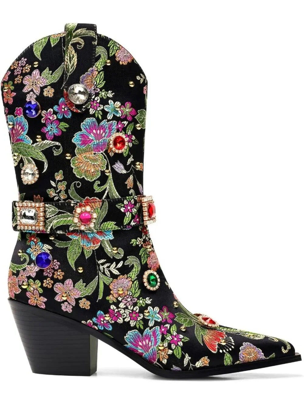 Women's Black Western Floral Embroidery Rhinestone Sparkly Cowgirl Mid Calf Boot